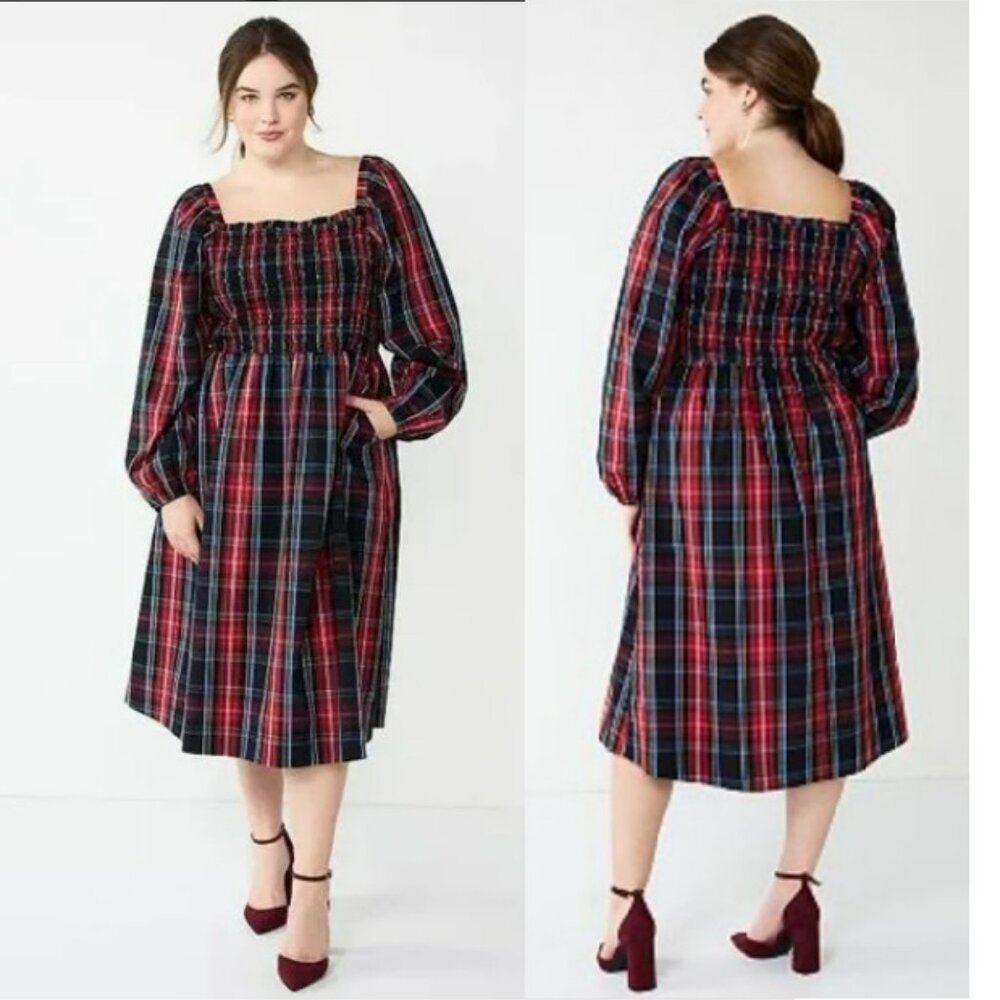 Draper James Red Blue Plaid Tartan Midi Dress Sz XXL